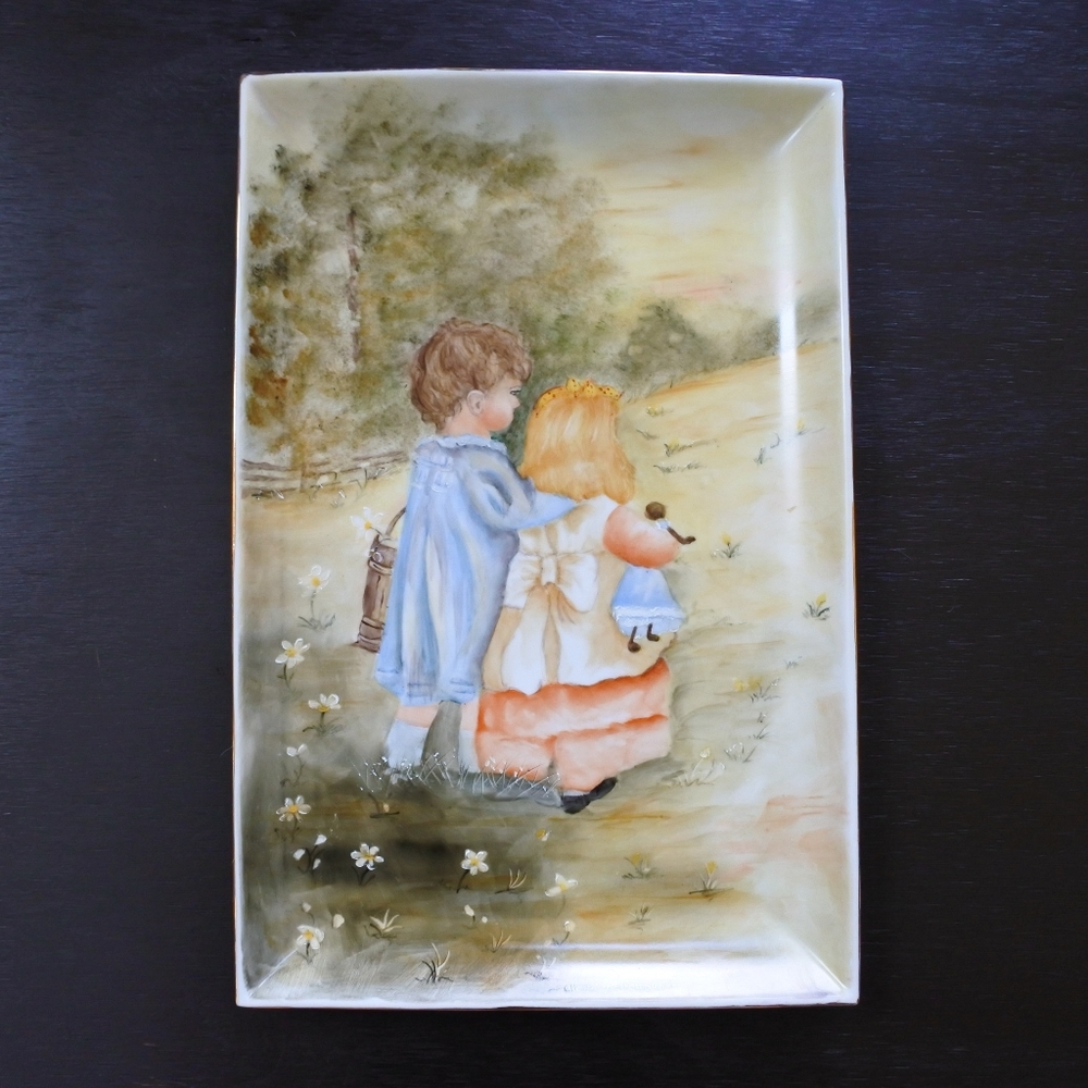 Vintage Large Hand Painted Signed Art Pottery Children Country Scene Tray Plate